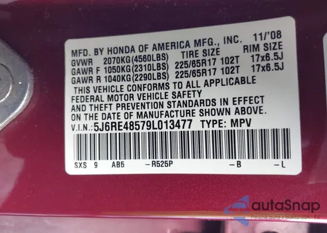 2009 Honda Cr-V Ex from USA, damaged, VIN 5J6RE48579L013477
